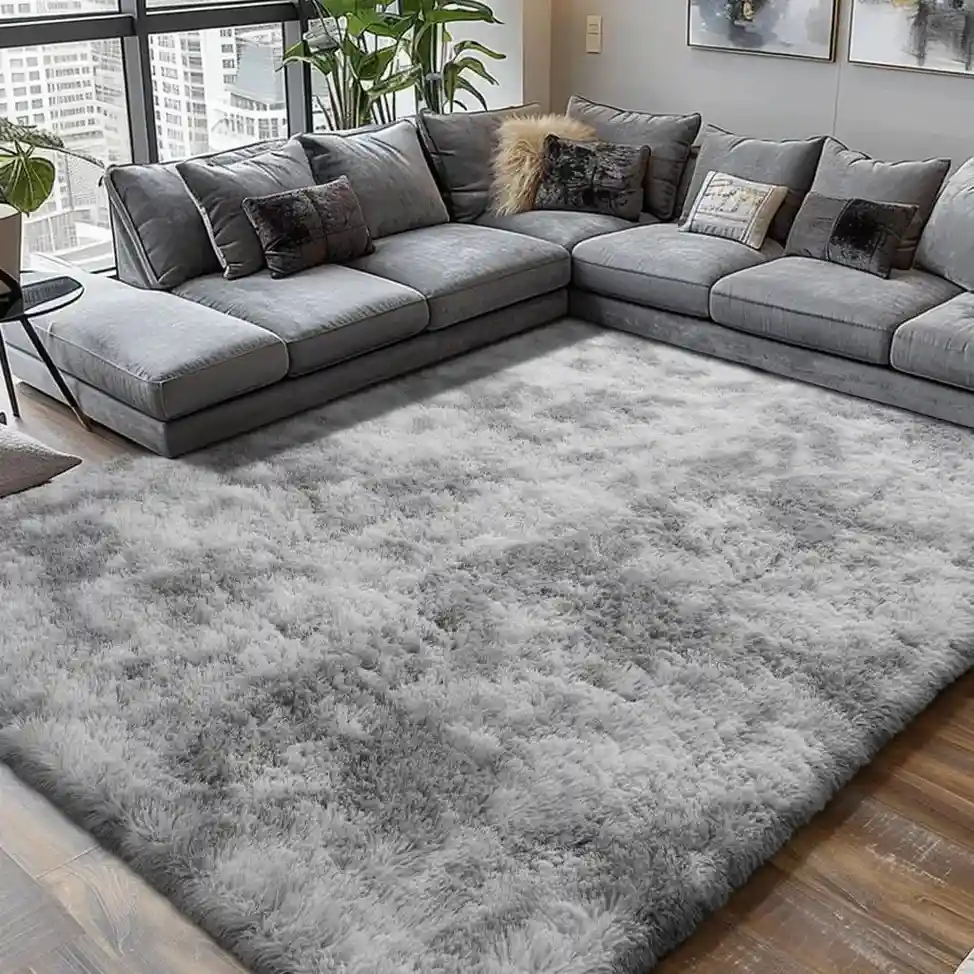 Light gray fluffy shag area rug in living room
