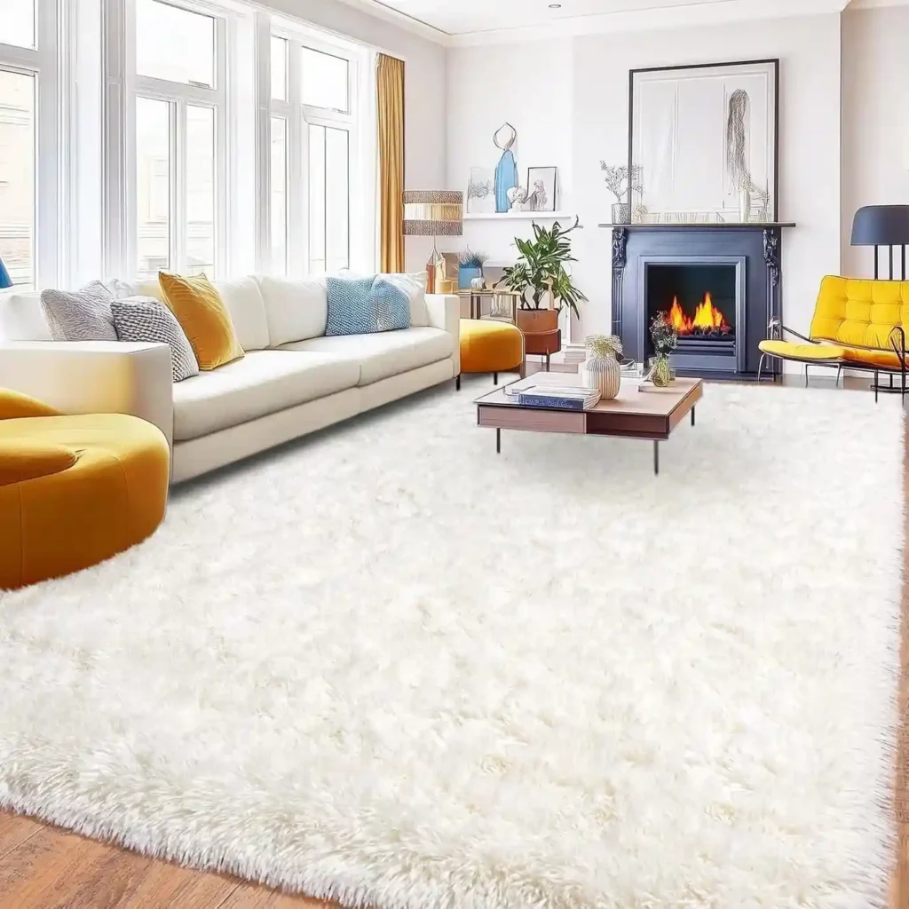 Large white shag area rug with plush texture in modern living room with colorful accents.