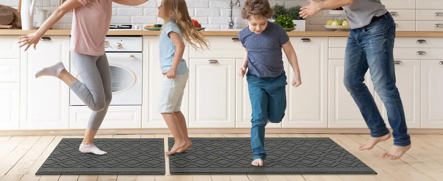 Dark charcoal kitchen comfort mats with geometric pattern - family-friendly anti-fatigue flooring