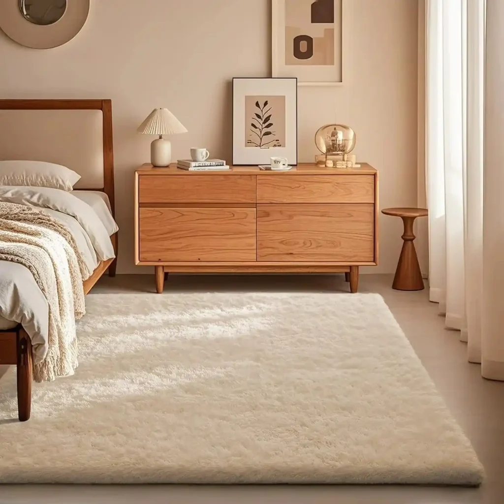 Cream fluffy shag area rug in a Scandinavian-style bedroom with wooden dresser and neutral tones