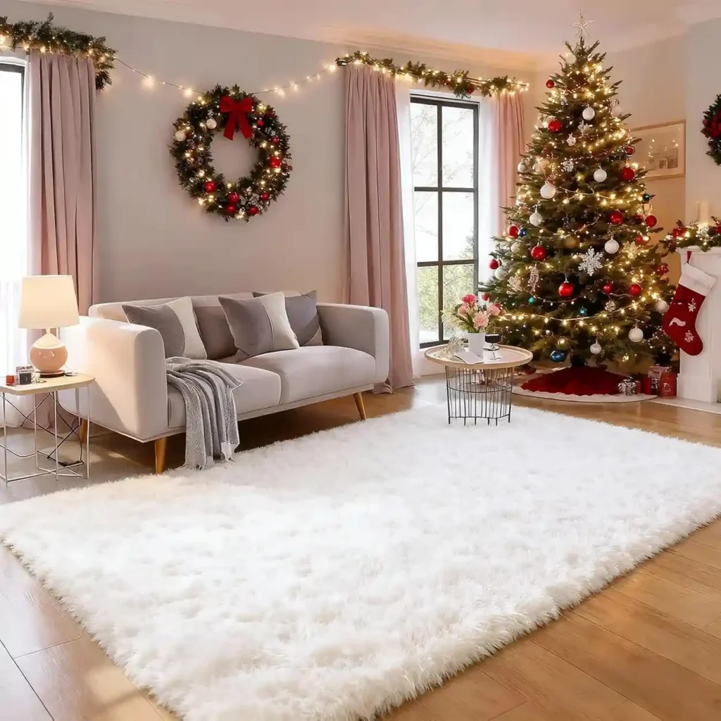 Large white plush shag area rug in festive Christmas living room with soft fluffy texture.